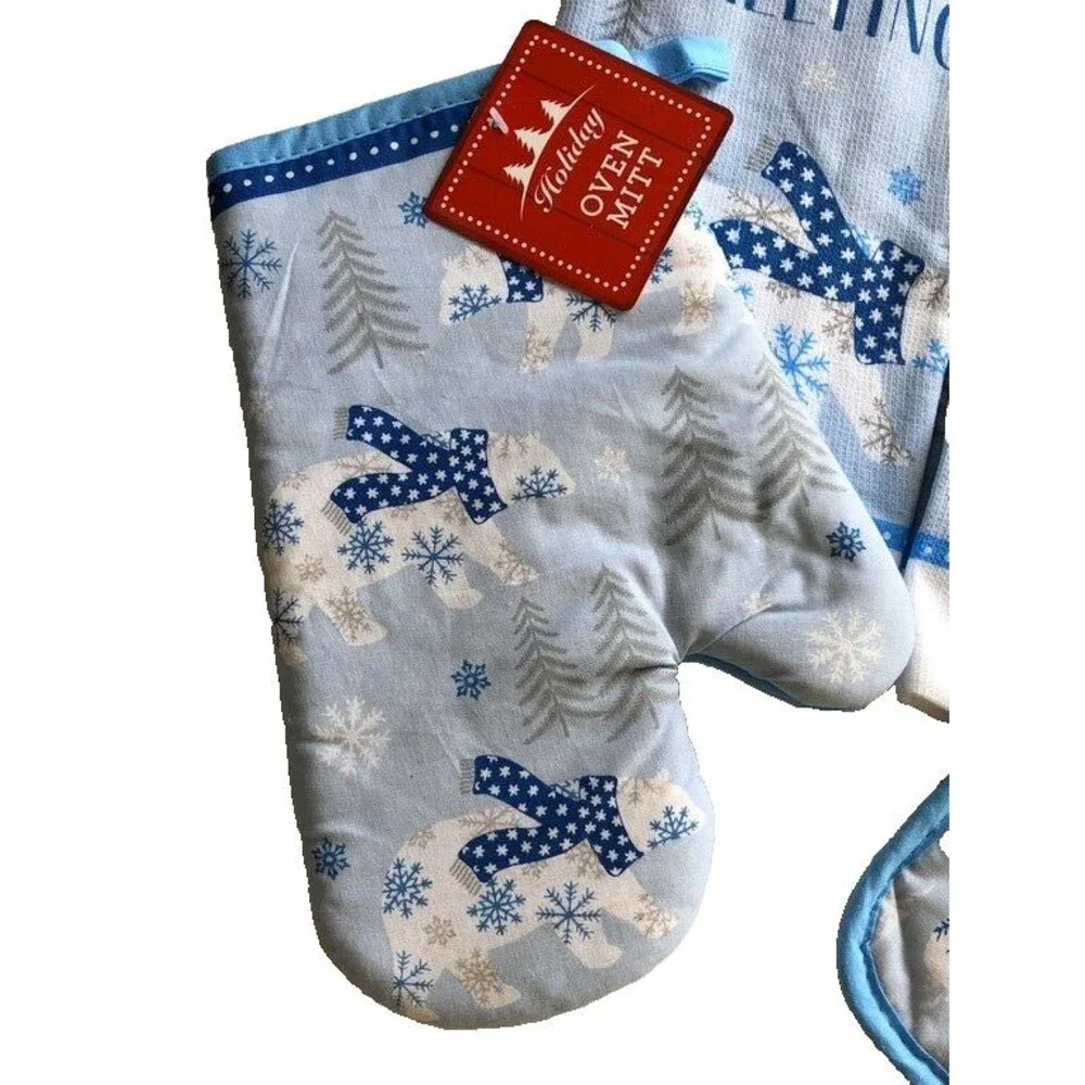 Seasons Greetings Set of 4 Christmas Dish Towels Potholder Oven Mitt Polar Bear